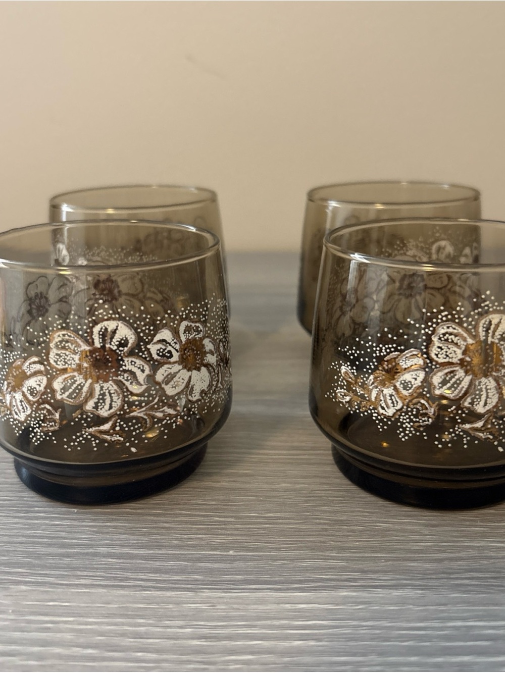 4 Vintage Retro Mid Century Modern Brown Gold Flower Drinking Glasses Dominion